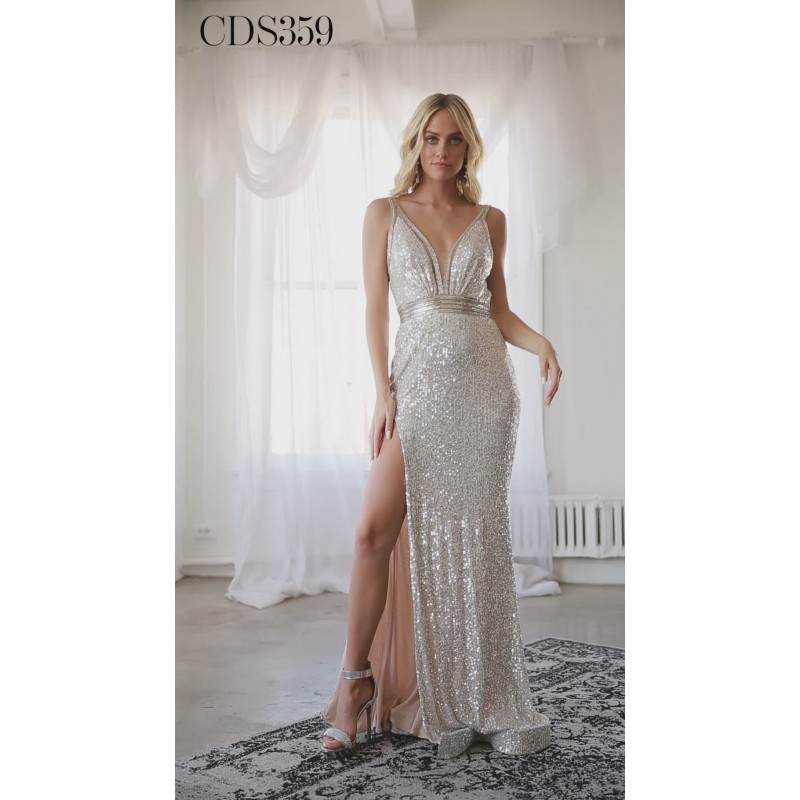 Slim Fit Gown With Sequin And Beaded Details, Complete With Leg Slit by Cinderella Divine -CDS359