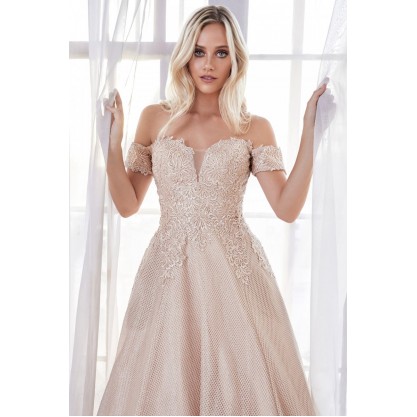 Off The Shoulder Ball Gown With Lace Applique Bodice And Netted Jacquard Skirt by Cinderella Divine -CD908