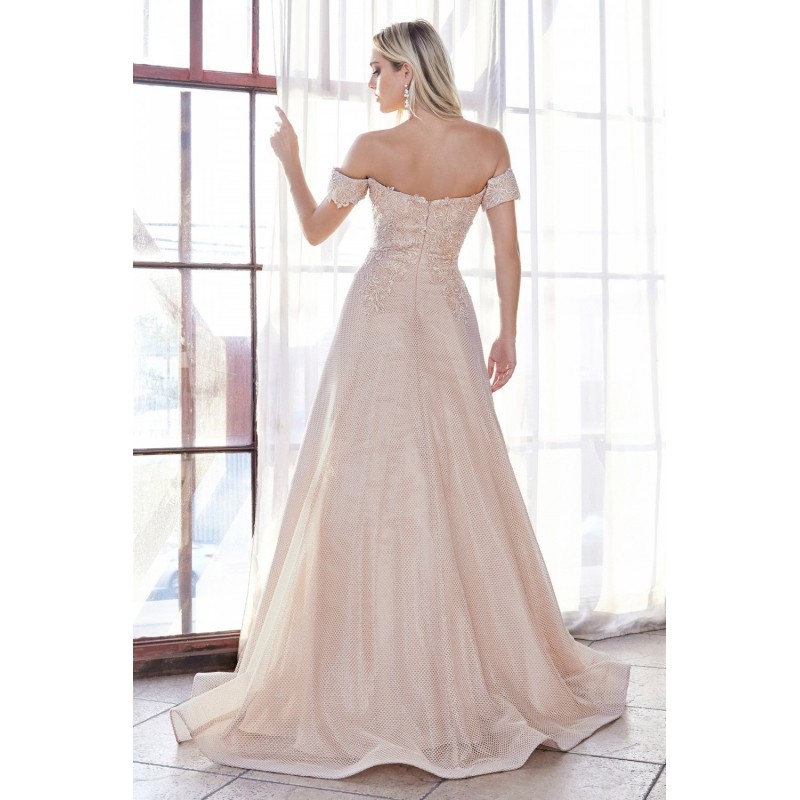 Off The Shoulder Ball Gown With Lace Applique Bodice And Netted Jacquard Skirt by Cinderella Divine -CD908