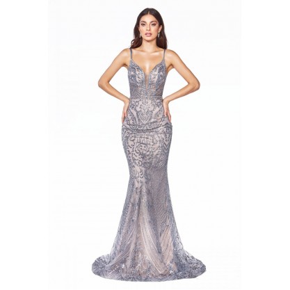 Slim Fit Gown With Glitter Print Details And Deep Plunging Neckline by Cinderella Divine -C24