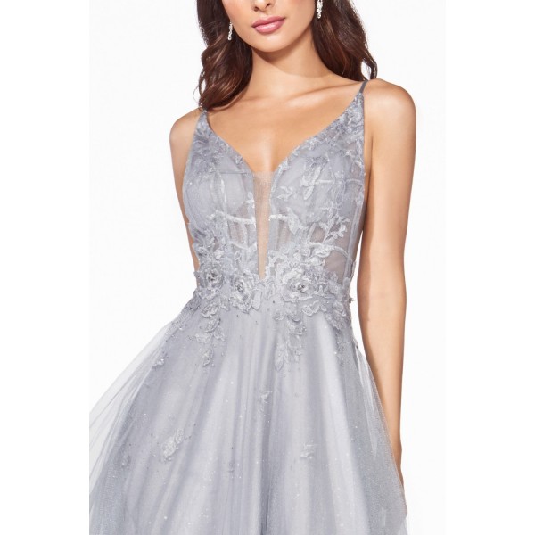 A-Line Layered Dress With Lace Applique Bodice And Open Back by Cinderella Divine -CD50