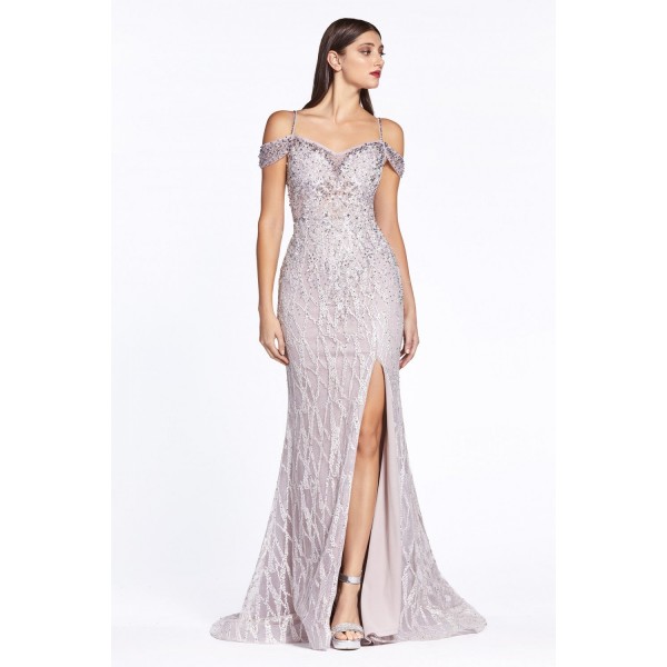 Off The Shoulder Fitted Gown With Lace Applique Print And Embellished Finish by Cinderella Divine -CD28