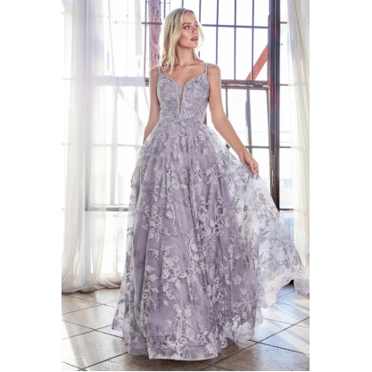 Ball Gown With Layered Lace Applique And Deep V-Neckline by Cinderella Divine -CD902