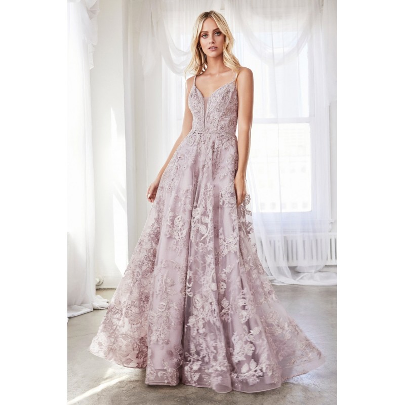 Ball Gown With Layered Lace Applique And Deep V-Neckline by Cinderella Divine -CD902