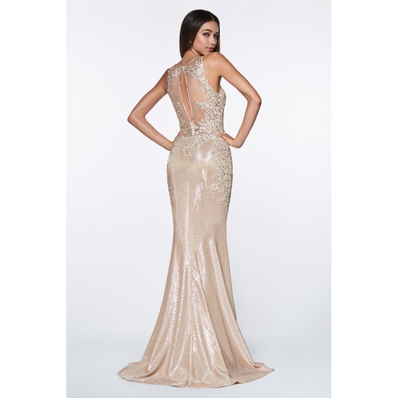 Fitted Metallic Gown With Beaded Lace Details And Deep Plung Neckline by Cinderella Divine -CJ504