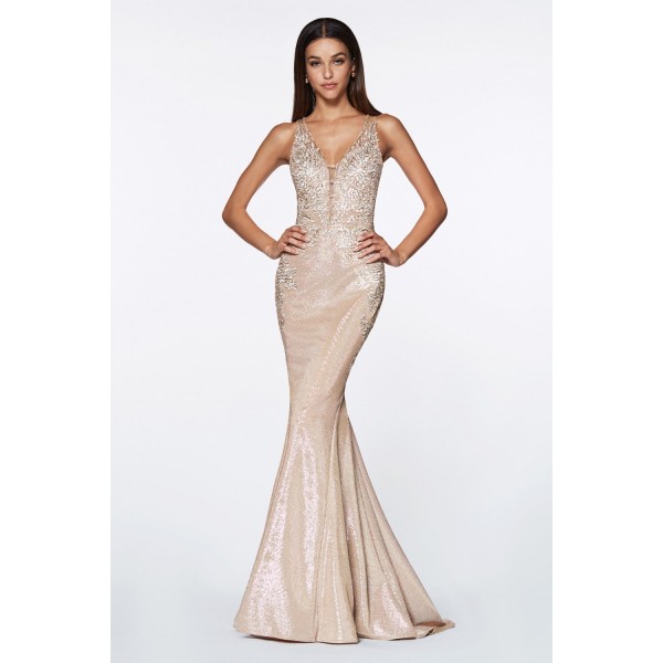 Fitted Metallic Gown With Beaded Lace Details And Deep Plung Neckline by Cinderella Divine -CJ504