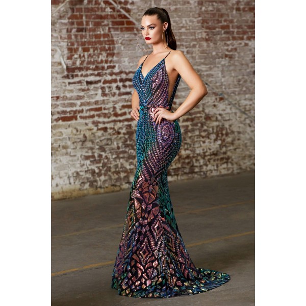 Fitted Sequin Print Gown With Iridescent Pattern And Sheer Illusion Sides by Cinderella Divine -CD904