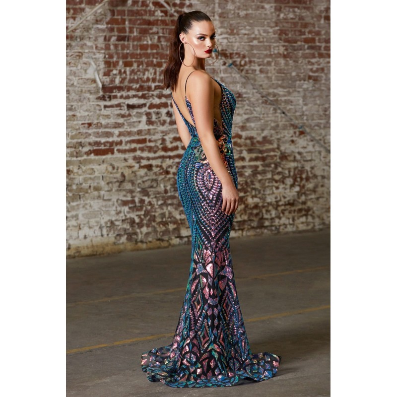 Fitted Sequin Print Gown With Iridescent Pattern And Sheer Illusion Sides by Cinderella Divine -CD904