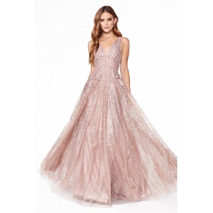 A-Line Gown With Embellished Lace Bodice And Glitter Print Skirt by Cinderella Divine -CJ540