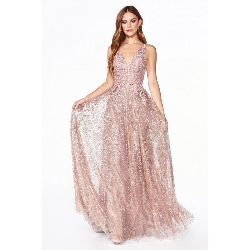A-Line Gown With Embellished Lace Bodice And Glitter Print Skirt by Cinderella Divine -CJ540
