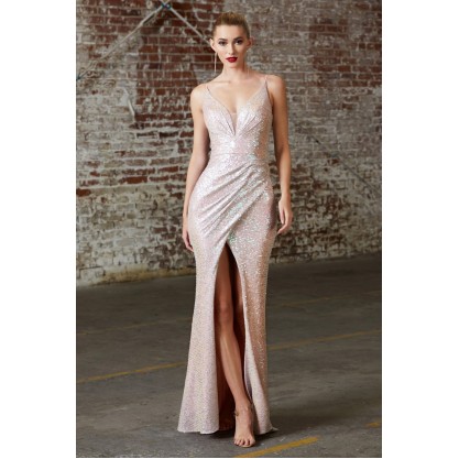 Slim Fit Sequin Gown With Gathered Waist And Pleated V-Neckline by Cinderella Divine -CH222