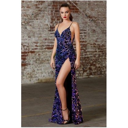 Slim Fit Sexy Sequin Gown With High Leg Slit And Iridescent Velvet Sequin Details by Cinderella Divine -CD159