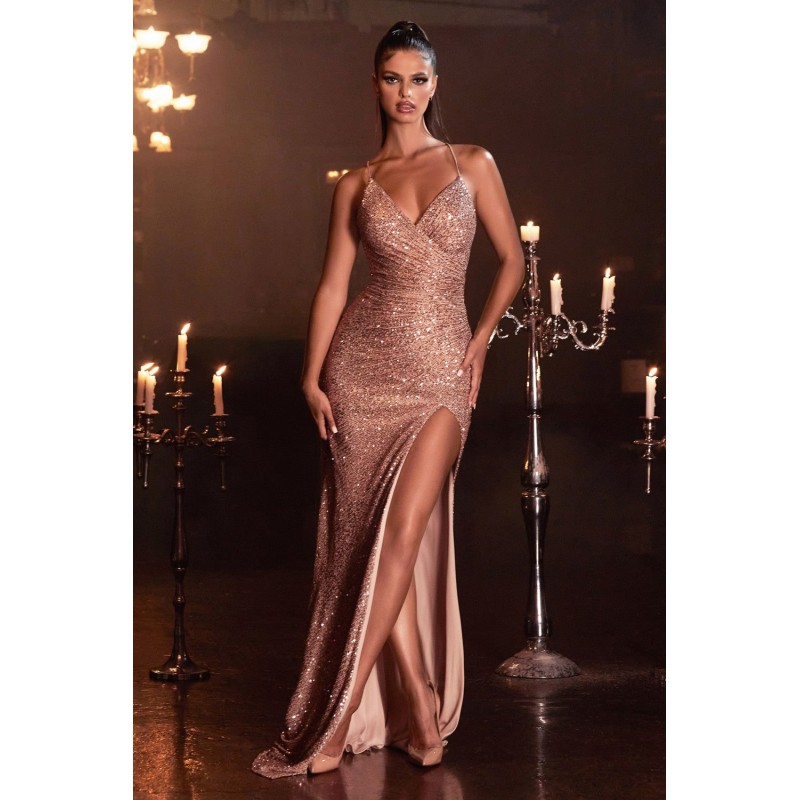 Fitted Sequin Gown With Gathered Waistline And Lace Up Back by Cinderella Divine -CH225