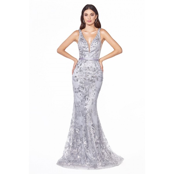 Fitted Dress With Glitter Print Details And Deep Plunging Neckline by Cinderella Divine -J785