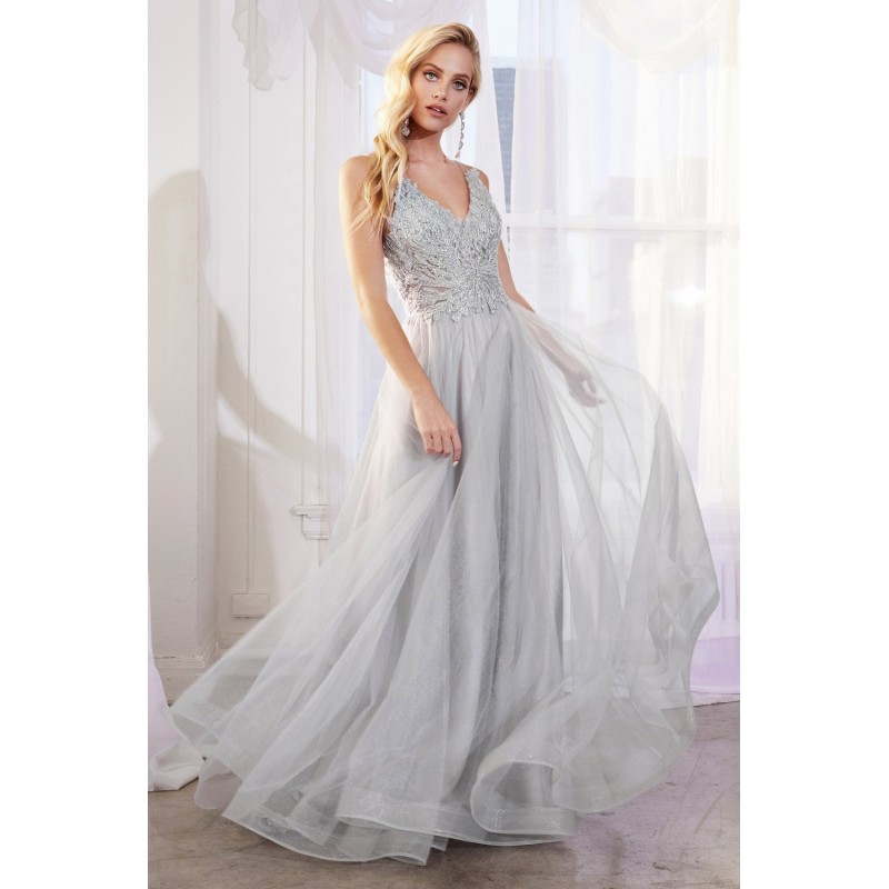 A-Line Dress With Lace Applique Bodice And Layered Tulle Skirt by Cinderella Divine -CD899