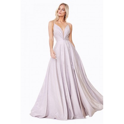 A-Line Sparkle Gown With Deep Plunging Neckline And Open Back by Cinderella Divine -CD185