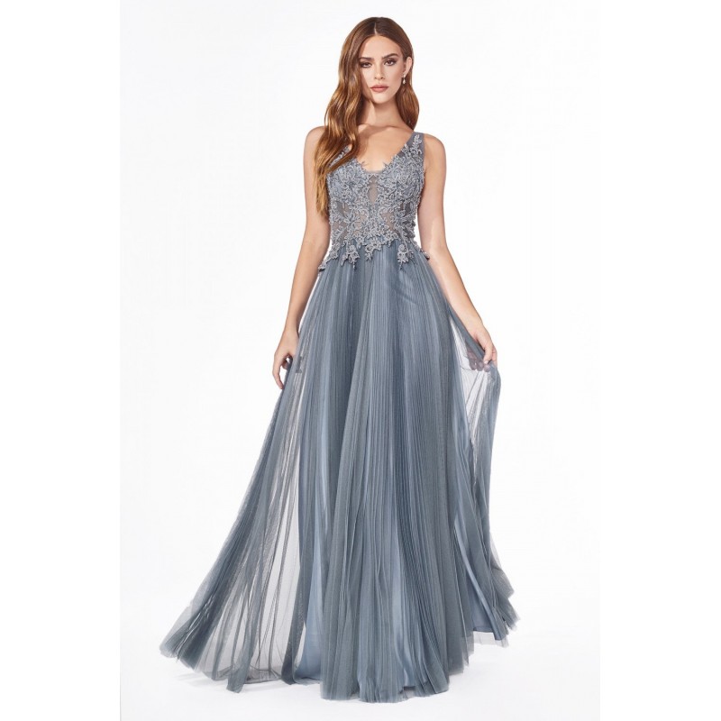 A-Line Dress With Pleated English Net And Lace Applique Bodice by Cinderella Divine -CJ536