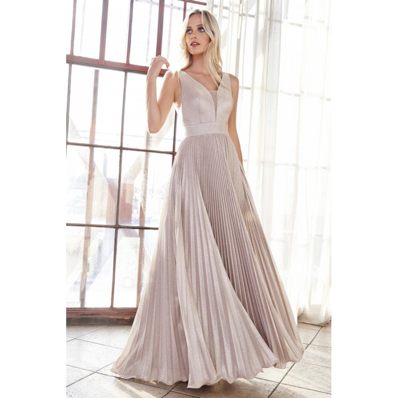 A-Line Pleated Gown With Glitter Metallic Finish And Deep Plunge V-Neckline by Cinderella Divine -CH211