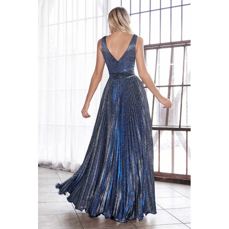 A-Line Pleated Gown With Glitter Metallic Finish And Deep Plunge V-Neckline by Cinderella Divine -CH211