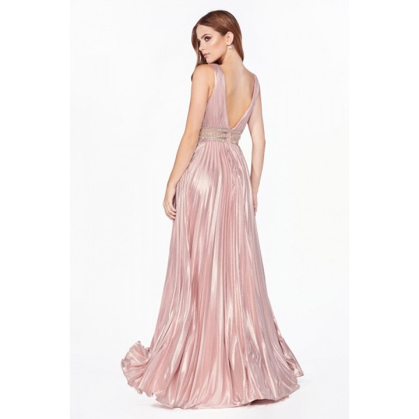 A-Line Metallic Pleated Gown With Deep V-Neckline And Beaded Belts by Cinderella Divine -CJ537