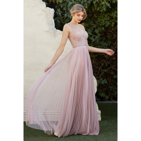 A-Line Pleated Tulle Gown With Beaded Embellished Bodice And Open V- Back by Cinderella Divine -CJ535