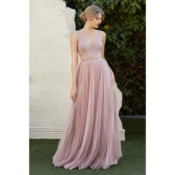 A-Line Pleated Tulle Gown With Beaded Embellished Bodice And Open V- Back by Cinderella Divine -CJ535