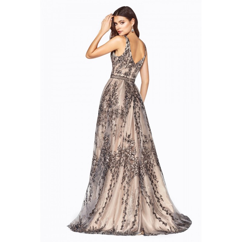 A-Line Layered Dress With Glitter Floral Details And Embellished Belt by Cinderella Divine -OC004