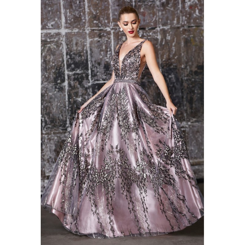 A-Line Layered Dress With Glitter Floral Details And Embellished Belt by Cinderella Divine -OC004