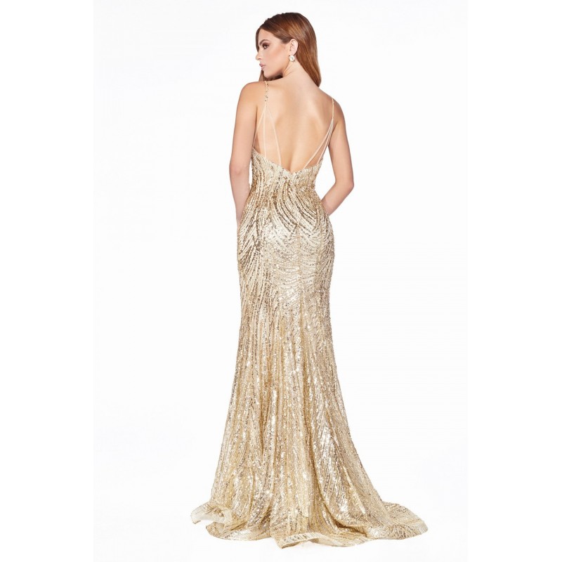 Fitted Mermaid Gown With Glitter Patterned Detail, Leg Slit And Open Back by Cinderella Divine -CR844
