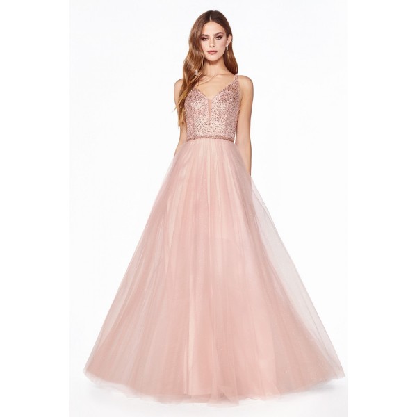 A-Line Dress With Beaded Embellished Top And Layered Glittered Tulle Skirt by Cinderella Divine -CD0150