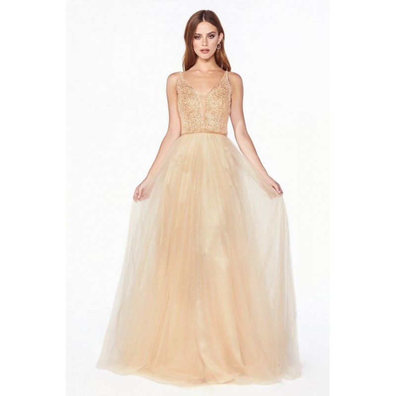 A-Line Dress With Beaded Embellished Top And Layered Glittered Tulle Skirt by Cinderella Divine -CD0150