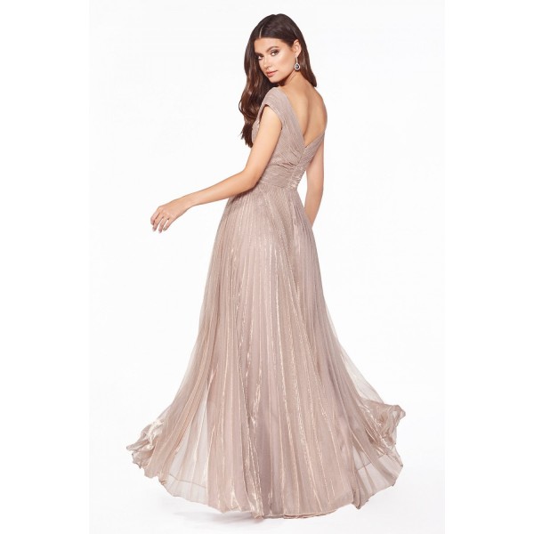 A-Line Pleated Metallic Dress With Cap Sleeve And V-Neckline by Cinderella Divine -CJ539