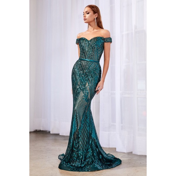 Off The Shoulder Gown With Geometric Sequin Detail And Sweetheart Neckline by Cinderella Divine -CB0039