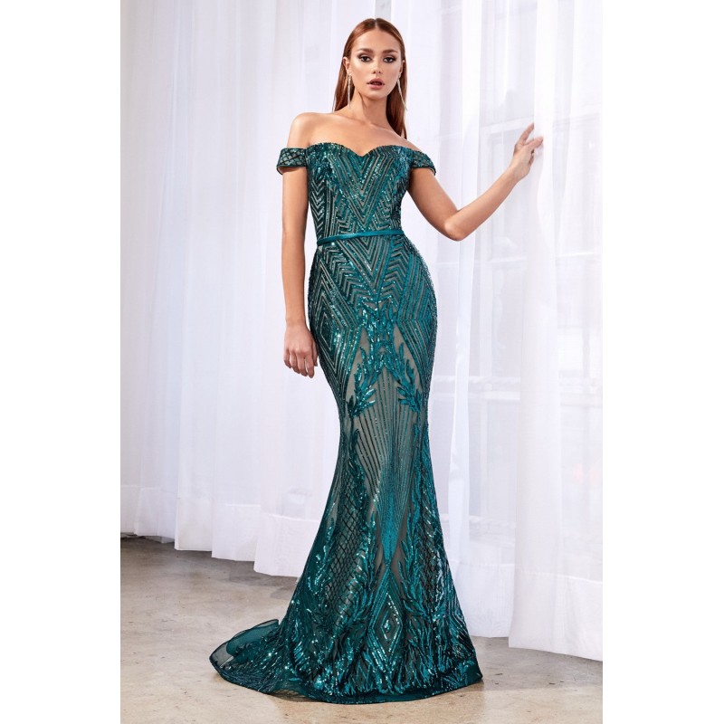 Off The Shoulder Gown With Geometric Sequin Detail And Sweetheart Neckline by Cinderella Divine -CB0039
