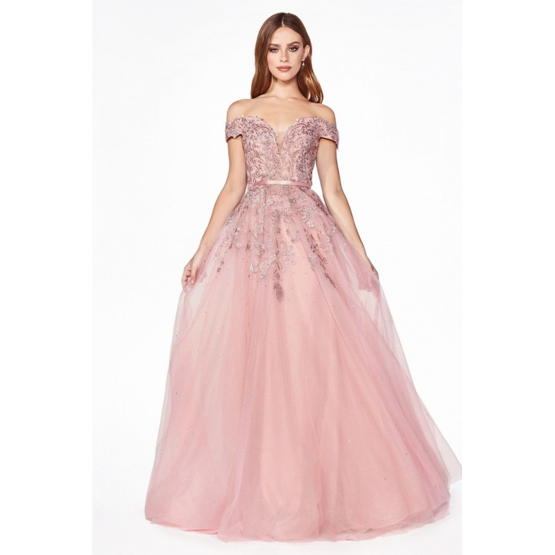 Off The Shoulder Ball Gown With Lace Applique And Lace Up Corset Back by Cinderella Divine -KV1049