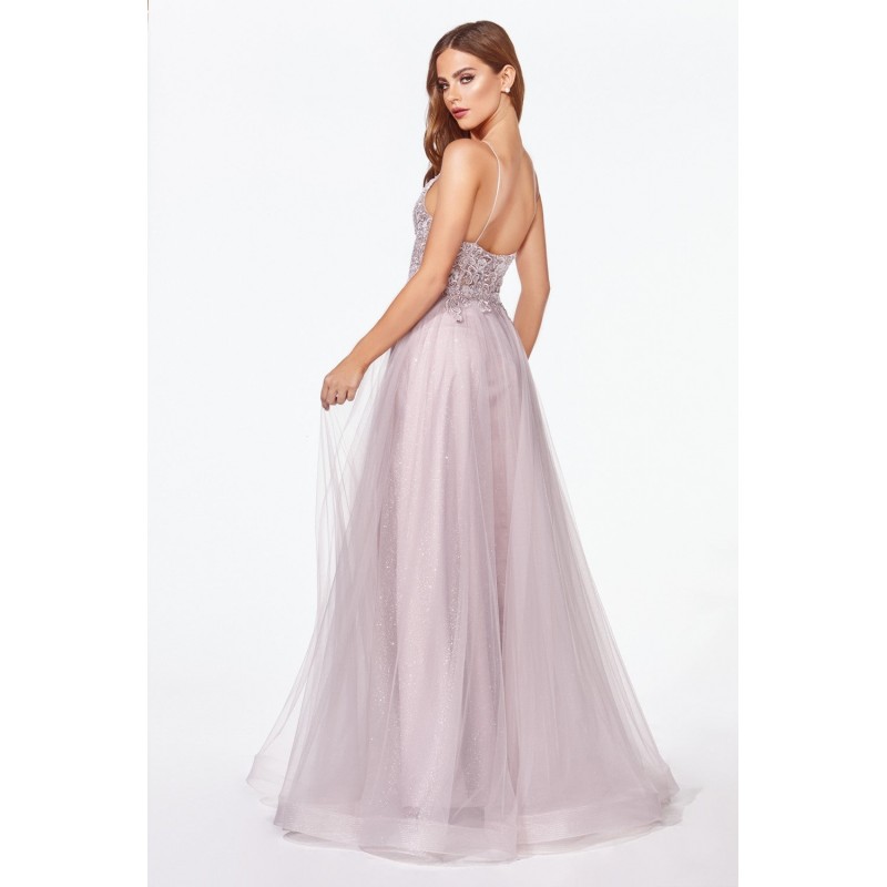A-Line Gown With Glitter Tulle Layered Skirt And Lace V-Neck Bodice by Cinderella Divine -KC897