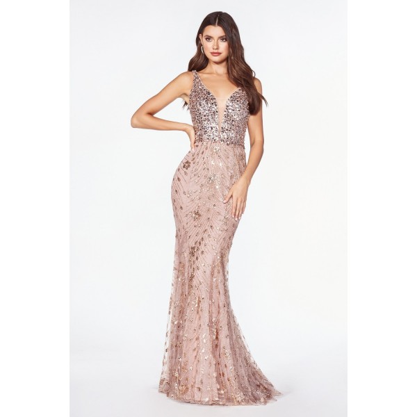Fitted Gown With Layered Glitter Print Embellished Bodice And Open Back by Cinderella Divine -CM9170