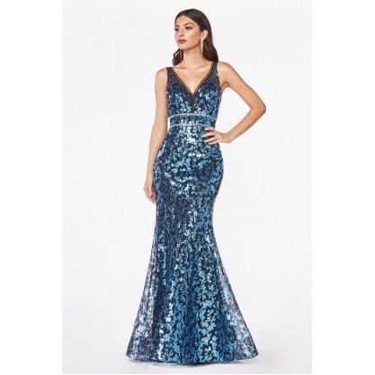 Fitted Gown With Metallic Blue Sequin Print And Open Back by Cinderella Divine -CM9171