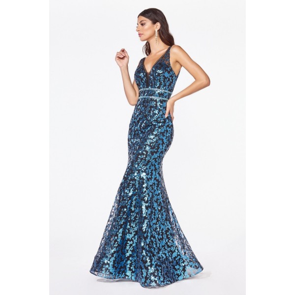 Fitted Gown With Metallic Blue Sequin Print And Open Back by Cinderella Divine -CM9171
