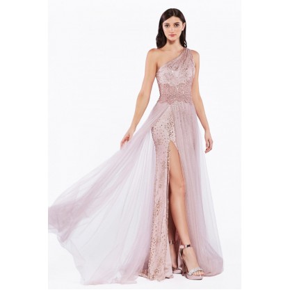 One Shoulder Gown With Glitter Print And Tulle Over Skirt by Cinderella Divine -KV1046