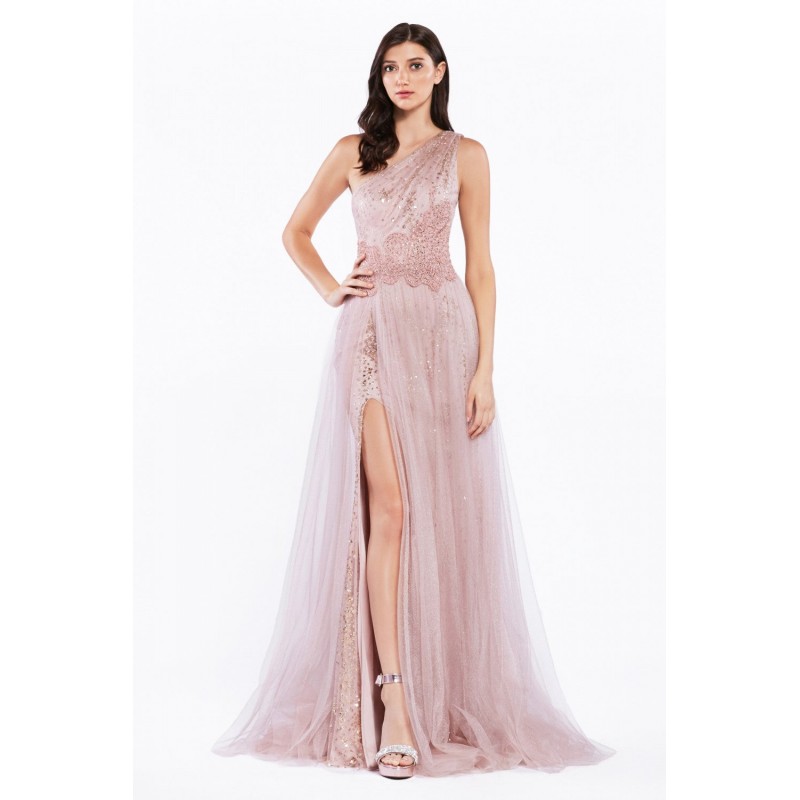 One Shoulder Gown With Glitter Print And Tulle Over Skirt by Cinderella Divine -KV1046