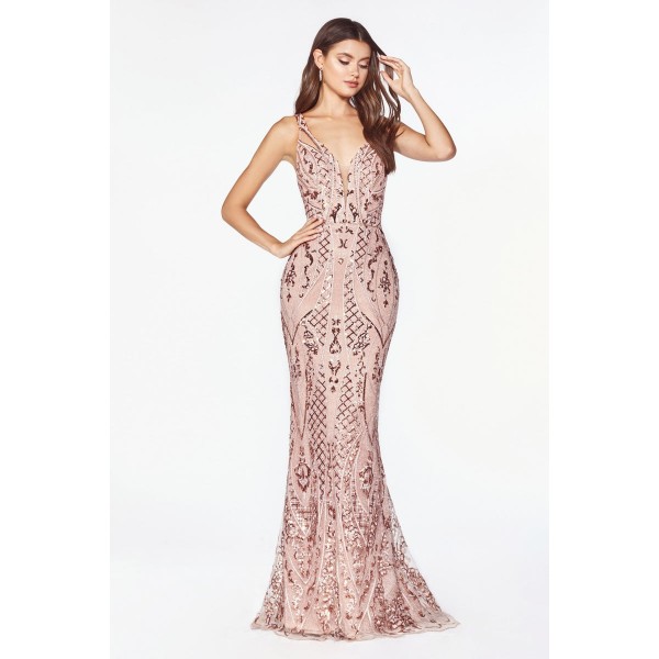 Fitted Gown With Sequin Geometric Print And Open Illusion Back by Cinderella Divine -CM9122