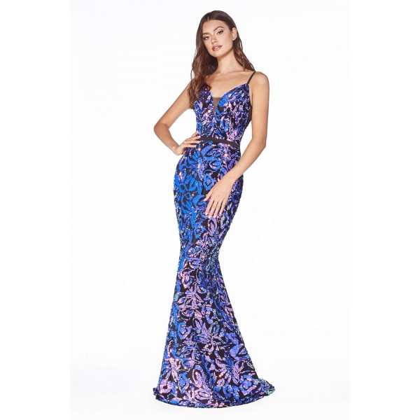 Fitted Velvet Dress With Multicolor Sequin Pattern And Open Back by Cinderella Divine -B60161