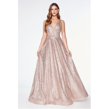 A-Line Glitter Gown With Deep Plunge Neckline And Beaded Belt by Cinderella Divine -CJ533