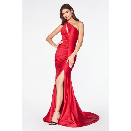One Shoulder Fitted Dress With Ruching And Keyhole Neckline by Cinderella Divine -CD0146