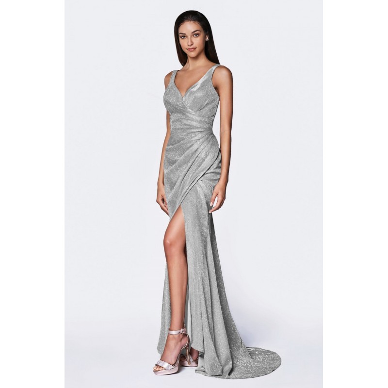 Fitted Sparkle Rouched Gown With Leg Slit And V-Neckline by Cinderella Divine -CF332