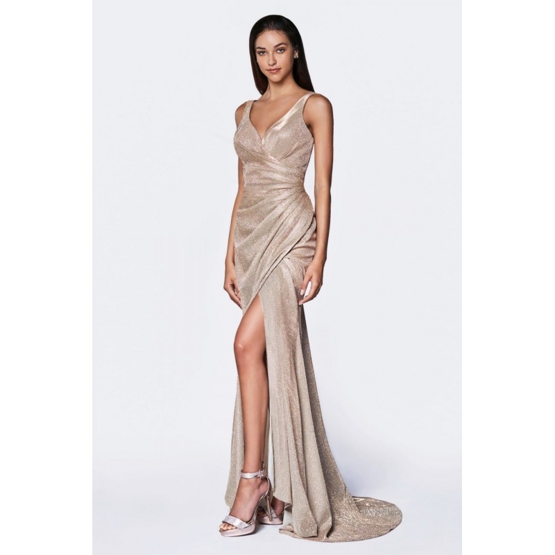 Fitted Sparkle Rouched Gown With Leg Slit And V-Neckline by Cinderella Divine -CF332