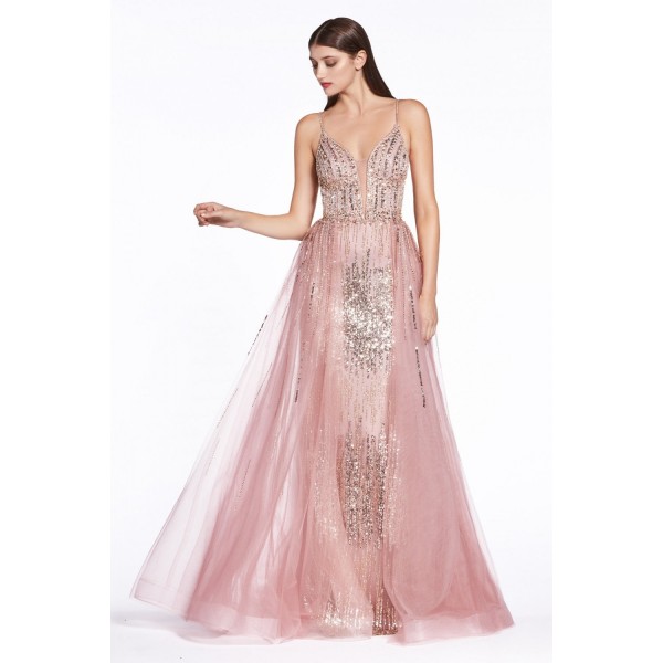 Fit And Flare Glitter Gown With Tulle Over Skirt And Embellished Details by Cinderella Divine -CR841