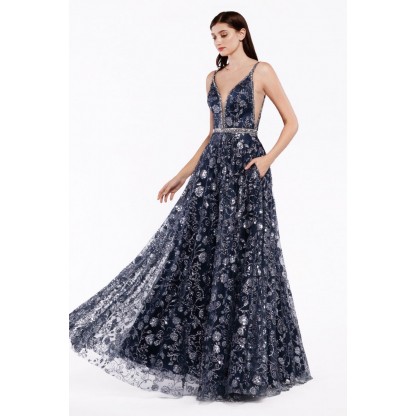 A-Line Floral Glitter Print Gown With Beaded Edging And Belt by Cinderella Divine -J781