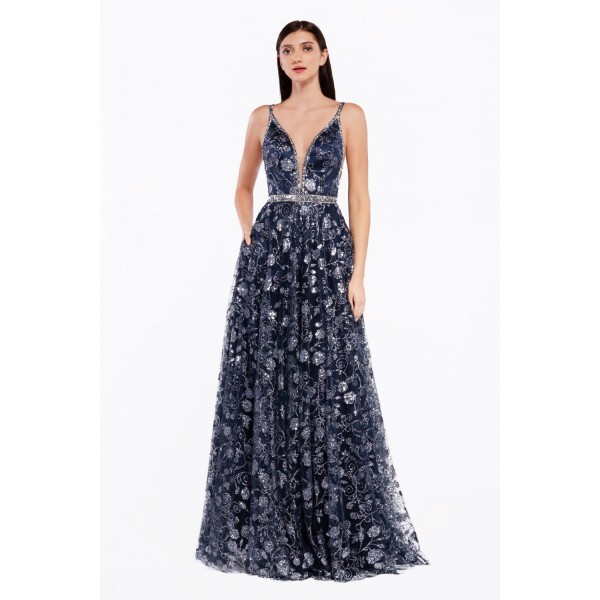 A-Line Floral Glitter Print Gown With Beaded Edging And Belt by Cinderella Divine -J781
